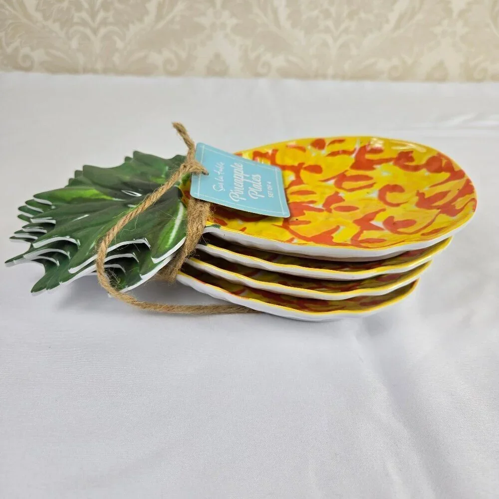 Sur La Table Pineapple Plates Melamine Set of 4 Yellow Green Textured NWT